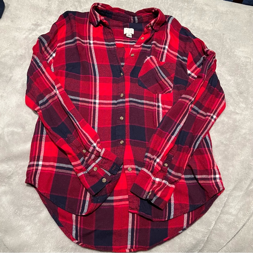 A New Day Half Button Flannel - Red/Burgundy Plaid